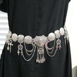 witchy goth Silver-Tone Chain Belt – Ankh, Pentacle & Crescent Moon Charms